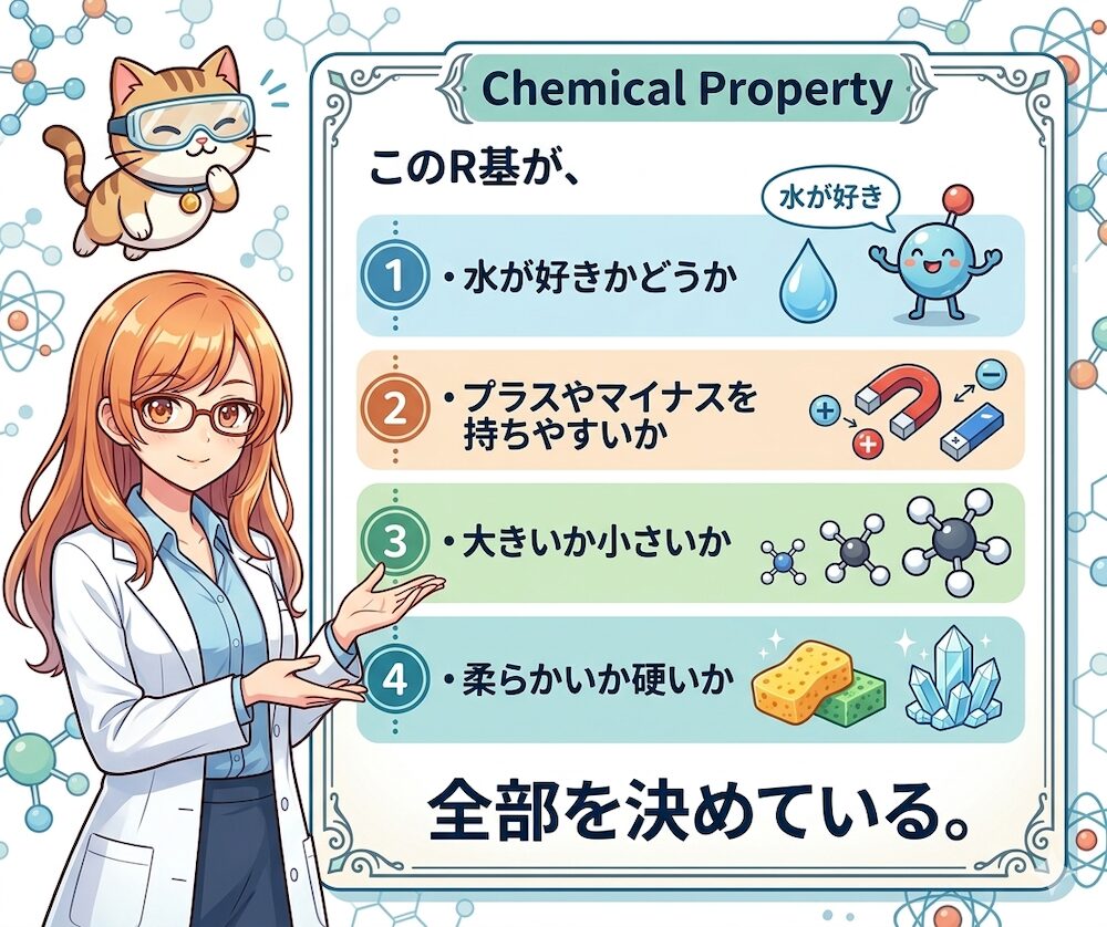 Dr.しろねこが、アミノ酸の個性を決める最重要パーツ「R基」の4つの秘密を講義しているイラストです。 ホワイトボードの前に立つDr.しろねこが「このR基がすべてを決めているんだ」と熱弁しています。ボードには、①水が好きか（親水性・疎水性）、②プラスやマイナスを持ちやすいか（電荷）、③大きいか小さいか（立体障害）、④柔らかいか硬いか、というアミノ酸の性質を左右する4つのポイントが、初心者にもわかりやすい色分けと箇条書きで綺麗にまとめられています。