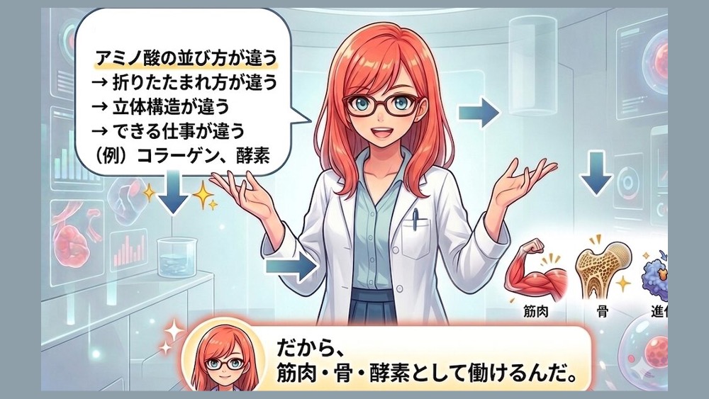 アミノ酸という同じ材料からできているのに、体の中での働きは全く違うタンパク質。そんなタンパク質の代表的な「3大ワーク（①筋肉として動く、②骨の鉄筋として支える、③酵素として化学反応を進める）」を分かりやすくまとめたイラストです。単なる丸暗記ではなく、体の中で彼らが「超優秀な専門エージェント」として24時間365日どう働いているのか、ストーリーで楽しくイメージしてみましょう！