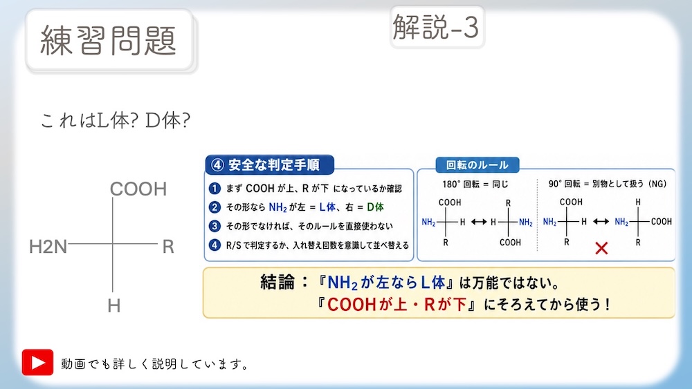 アミノ酸のL体・D体判別で迷う受験生必見！フィッシャー投影式の基本ルールから、確実に正解を導く2つのアプローチを徹底解説しました。 「R体・S体の判別」を応用した論理的判別と、立体を頭の中で「入れ替える」視覚的方法の２つを網羅。丸暗記ではなく「仕組み」から理解できるため、試験本番のケアレスミスを防げます。医学・薬学部の定期試験や国家試験対策として、手元に保存しておきたい価値ある一枚です。