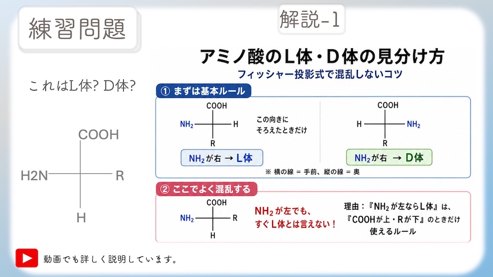 アミノ酸のL体・D体判別で迷う受験生必見！フィッシャー投影式の基本ルールから、確実に正解を導く2つのアプローチを徹底解説しました。 「R体・S体の判別」を応用した論理的判別と、立体を頭の中で「入れ替える」視覚的方法の２つを網羅。丸暗記ではなく「仕組み」から理解できるため、試験本番のケアレスミスを防げます。医学・薬学部の定期試験や国家試験対策として、手元に保存しておきたい価値ある一枚です。