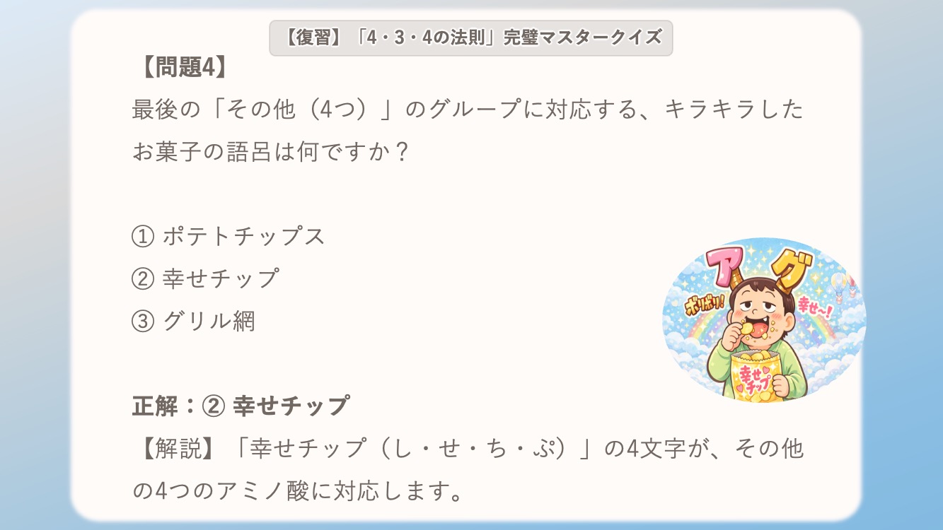 非必須アミノ酸の語呂を説明するイラスト。