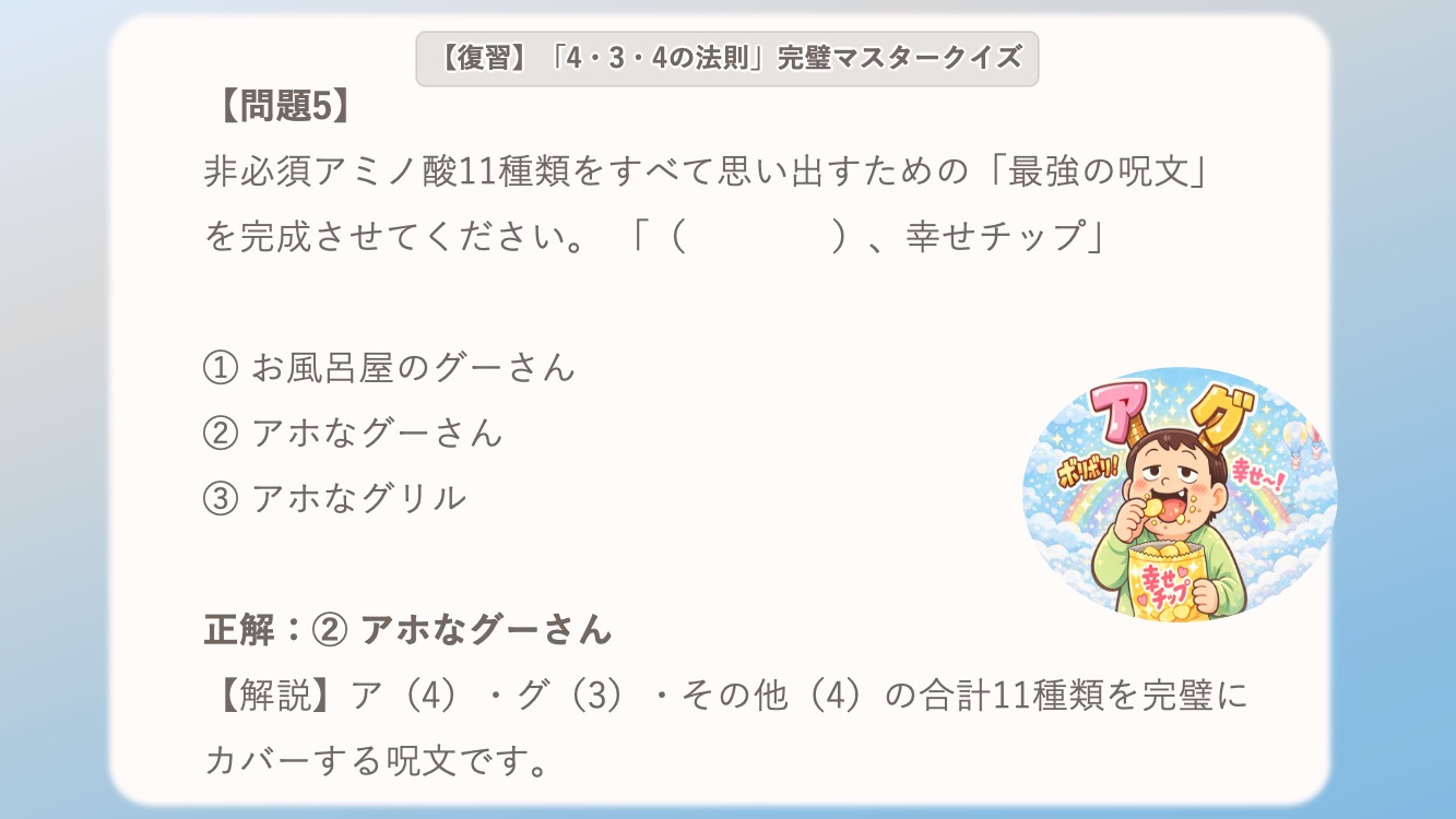 非必須アミノ酸の語呂を説明するイラスト。