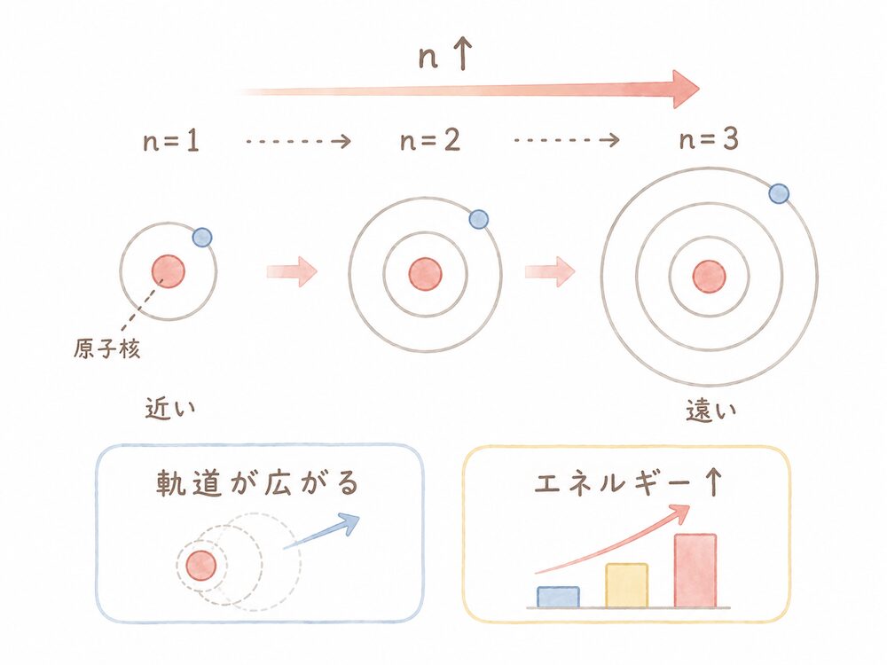 主量子数 n が大きくなるほど、電子は原子核から離れた外側の層に存在します。外側の電子ほどエネルギー準位が高くなり、内側の電子よりも原子核からの束縛が弱くなります。