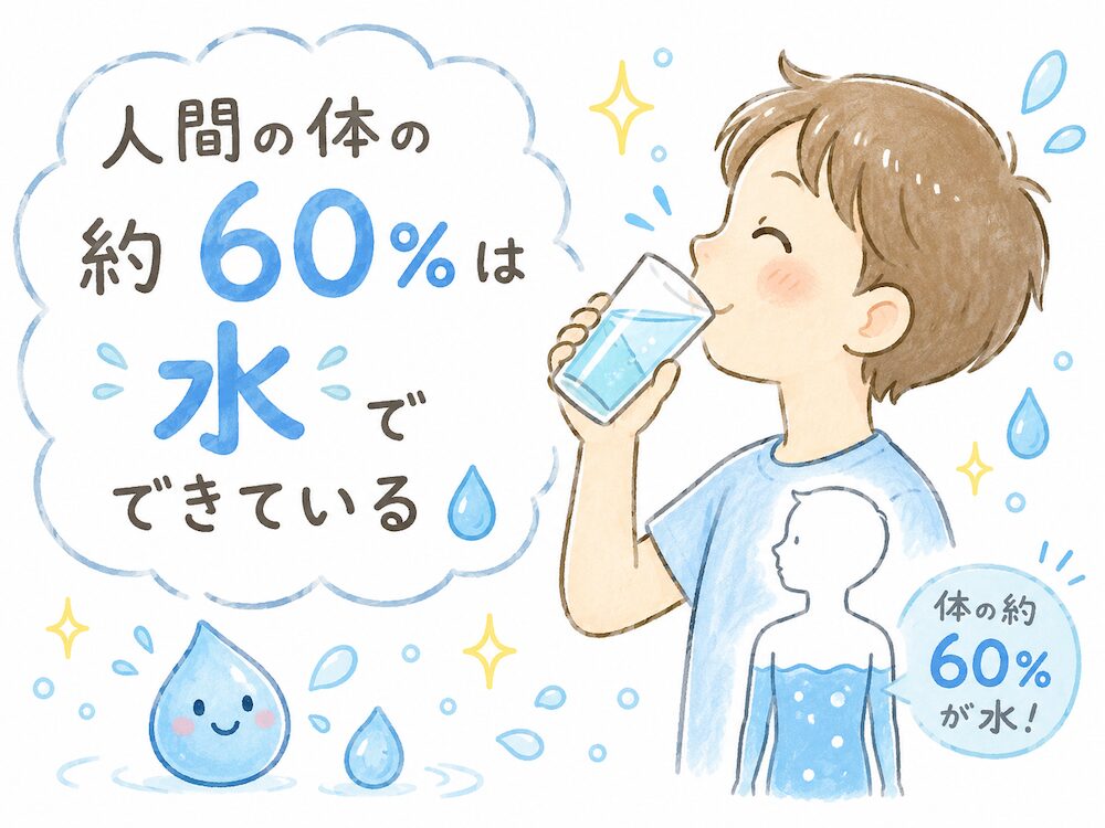 「人間の体の約60%は水でできている」をわかりやすく説明したイラストです。 体の大部分が水で満たされているということは、食事から摂ったアミノ酸が体内に入ったとき、「水に馴染みやすいアミノ酸」と「水に馴染まないアミノ酸」が周囲の水（環境）にどう作用するかが全く違ってくるのは当然ですよね。 タンパク質は、それぞれのアミノ酸が水と絶妙な距離感を保つことで、その綺麗な形をキープしています。 