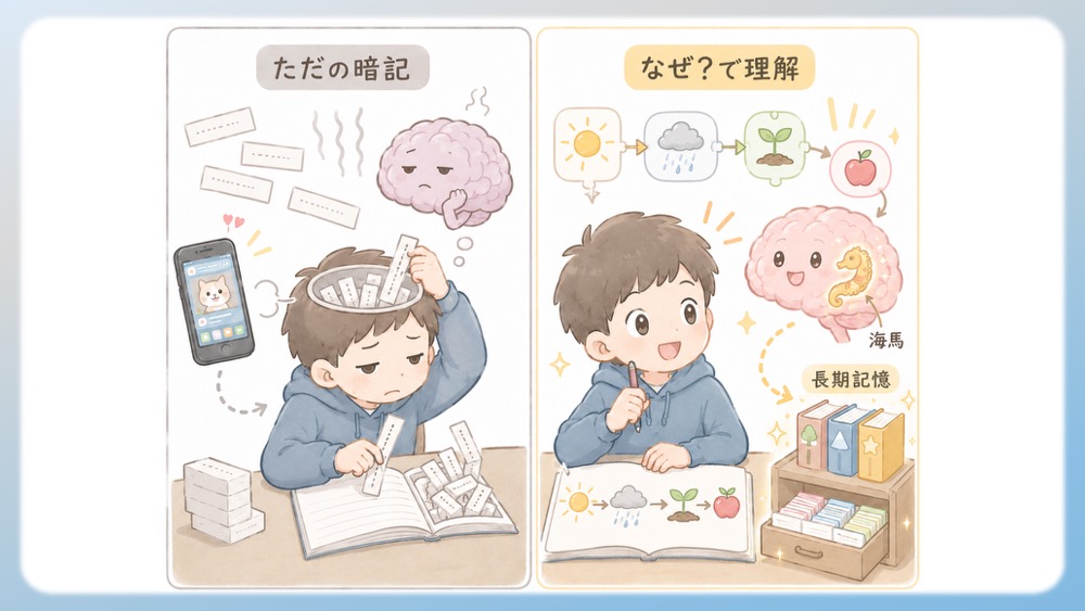 ただのリストとして呪文のように覚えるのではなく、「なぜそう分けるのか」という理由（キャラ付け）がハッキリ分かれば、面白いほど納得できるようになります。 今回は、単なる丸暗記から完全に解放される「アミノ酸の5ステップ分類法」を、構造と性質のロジックを繋げながら分かりやすく解説します！ 実は脳科学的にも、ただの文字列を詰め込む機械的な暗記は、脳が「つまらない情報」とみなして拒絶しやすく、スマホなどの誘惑に負ける原因になってしまいます。一方で、「なぜ？」というロジック（因果関係）でストーリー化された情報は、脳の記憶の司令塔である「海馬」が『これは重要な知識だ！』と判断するため、必死に覚えようとしなくても自然と長期記憶に定着します。 