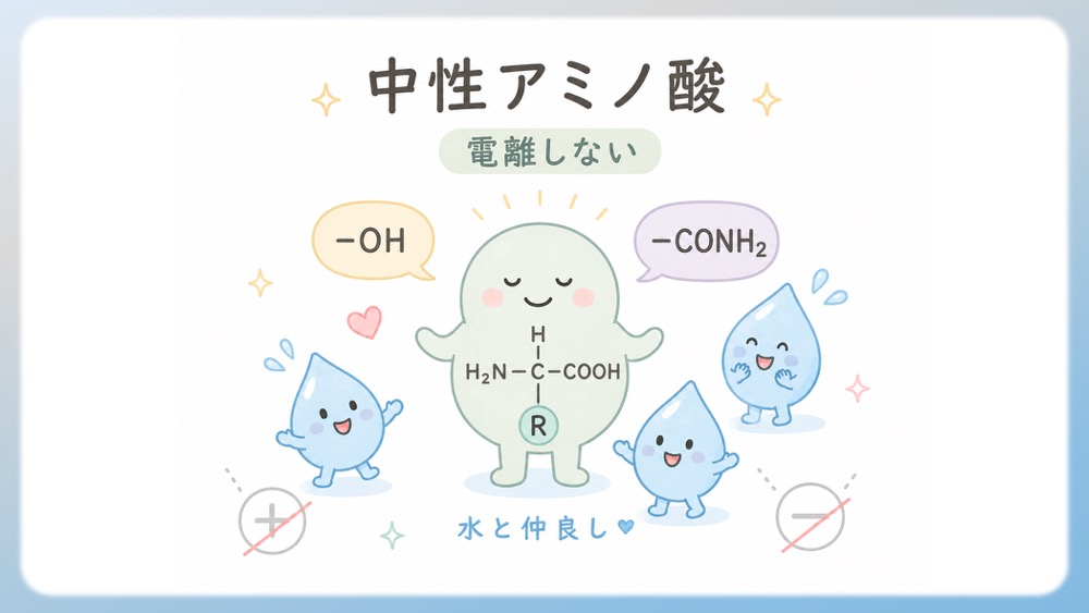 中性アミノ酸（電離しない）について説明したイラストです。 特徴：水とは仲良し（側鎖に -OH や -CONH2 を持つ）だけど、プラスやマイナスのイオンにはならない、おだやかなアミノ酸です。 