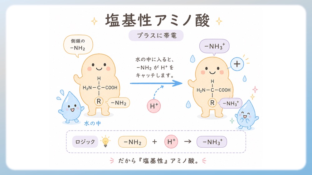 塩基性アミノ酸（プラスに帯電）をわかりやすく説明したイラストです。 特徴：側鎖に、基本フォームとは別枠でさらにアミノ基（-NH2 など）を余分に持っているアミノ酸です。 ロジック：水の中に入ると、この余分なアミノ基が周囲の H+ をキャッチして、プラスの電気（-NH3+）を帯びます。だから「塩基性」アミノ酸です。 