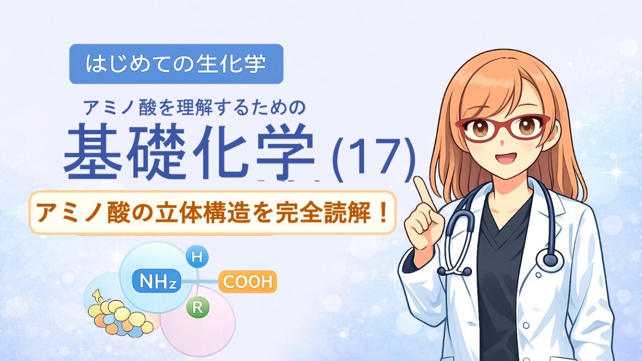 アミノ酸の立体構造とsp3, sp2混成軌道, 1.5重結合の関係を視覚化した解説イラストです。中心のアルファ炭素が形成する正四面体構造や、ペプチド結合における1.5重結合（sp2共鳴）による平面性の仕組みを、初心者でも直感的に理解できるよう図解しています。CBTや国家試験対策で重要な『なぜ回転できないのか』という化学的根拠を明確に表現しており、生化学の学習効率を高める教材・ブログ素材として最適です。