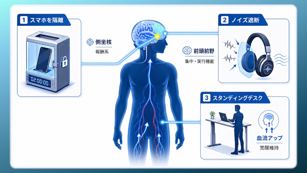 スマホを物理的に遠ざけ、脳のワーキングメモリを解放する『脳内ハック』の図解です。最新の神経科学では、視界にスマホがあるだけで認知容量が低下することが証明されています。本書籍リストでは、ドーパミン制御やナッジ理論を活用し、学習効率を劇的に高める環境設計を伝授。医学生や受験生が集中力を最大化し、最短ルートで成果を出すための科学的ハック術をマスターして、学習の質を根本から変えましょう。