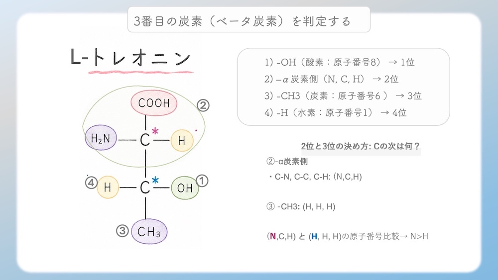 多くのアミノ酸がS体である中、なぜL-システインだけがR体なのか？その理由を、原子番号に基づいた優先順位の逆転現象から論理的に図解します。さらに、受験生が視覚的錯覚で間違えやすいL-トレオニン（2S, 3R）の複雑なRS判定プロセスも徹底解説。L体・D体表記では区別しきれない不斉炭素の本質を解き明かし、丸暗記を脱却して試験で確実に得点するための『一生モノの判定ロジック』を視認性高くまとめた決定版です。