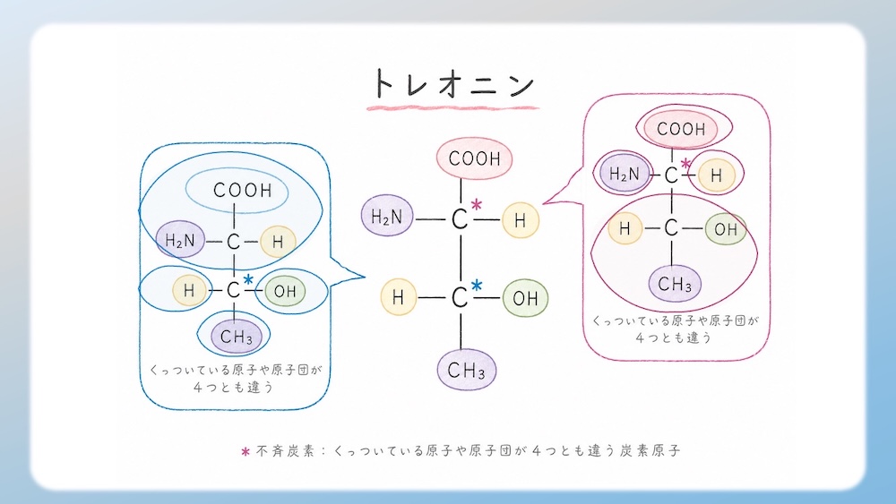 多くのアミノ酸がS体である中、なぜL-システインだけがR体なのか？その理由を、原子番号に基づいた優先順位の逆転現象から論理的に図解します。さらに、受験生が視覚的錯覚で間違えやすいL-トレオニン（2S, 3R）の複雑なRS判定プロセスも徹底解説。L体・D体表記では区別しきれない不斉炭素の本質を解き明かし、丸暗記を脱却して試験で確実に得点するための『一生モノの判定ロジック』を視認性高くまとめた決定版です。