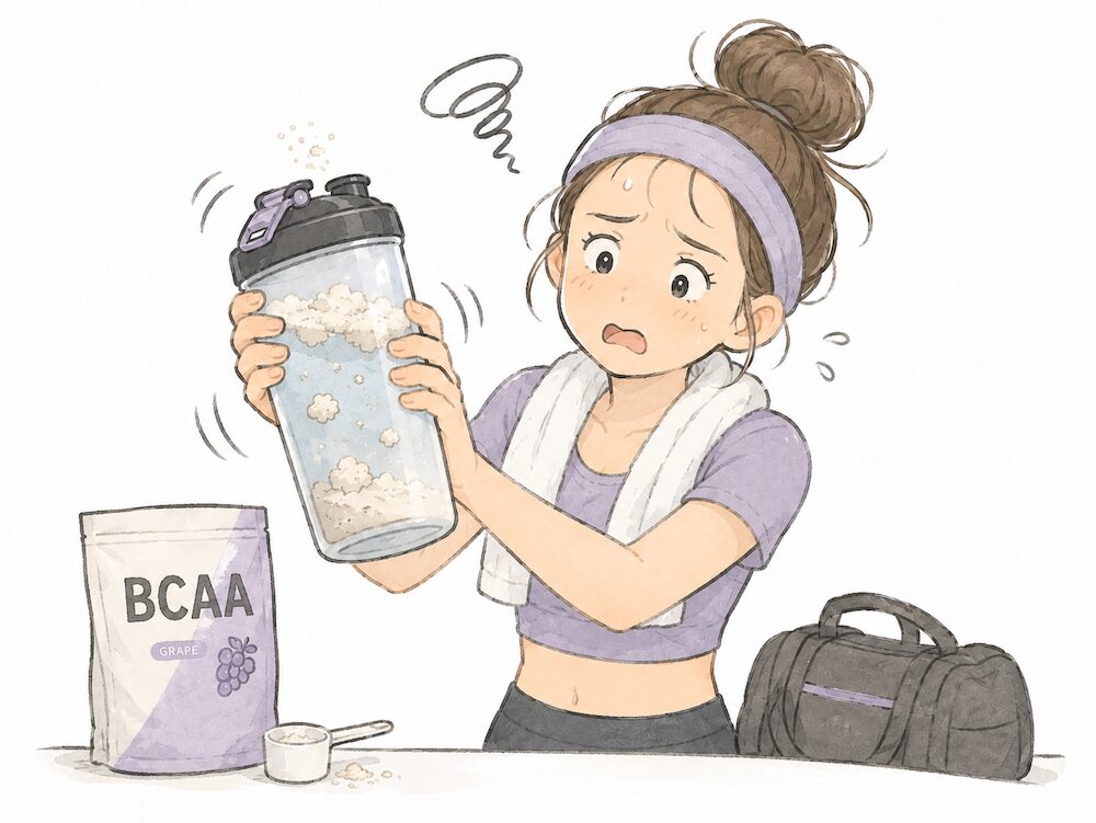必須アミノ酸であるBCAA（バリン・ロイシン・イソロイシン）の粉末をシェイカーの水に入れて振っても、表面に浮いてダマになり、溶けにくい様子を描いたイラストです。BCAAは側鎖に電気的な偏りがない「脂肪族アミノ酸」であり、油のように強い疎水性（水嫌いな性質）を持っています。この日常の「溶けない問題」という現象を通して、生体内で筋肉の立体構造を内側から支える疎水性相互作用の仕組みを学びます。